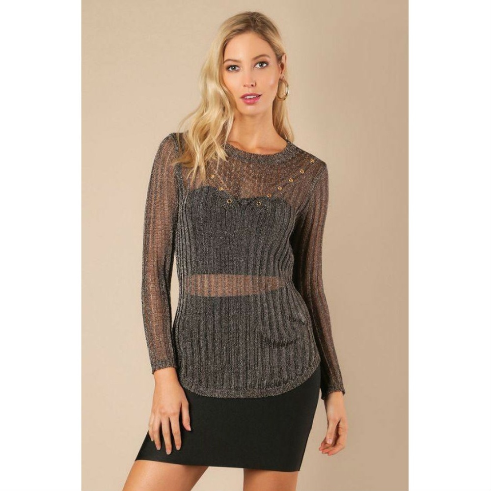 Gunmetal Long Sheer Metallic Sweater Top - Picture 1 of 3